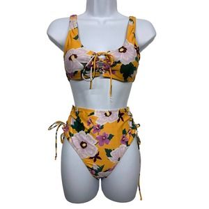 PATPAT Juniors S Yellow Floral High Waist 2 Piece Bikini Set Swimsuit